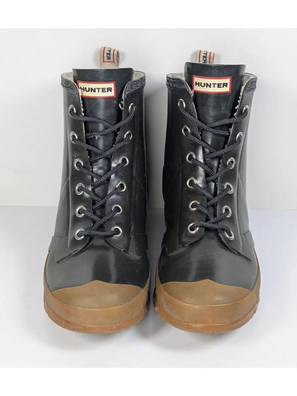 Hunter Brixen Thurloe Combat Rubber Lace Up Short Rain Boots Green Tan Women's 8